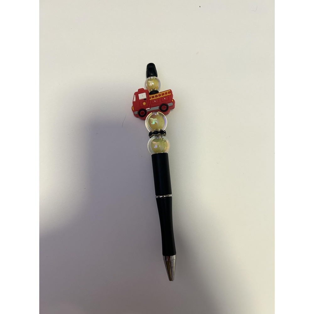 Fire Truck Beaded Ballpoint Pen Black Barrel Iridescent Beads Novelty Gift Desk